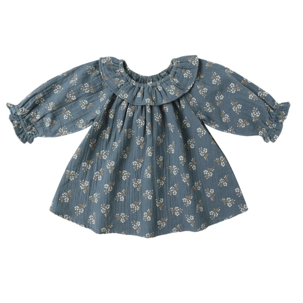 QUINCY MAE NWT Isla Dress Blue Floral Organic Cotton Little Girls 3-6m